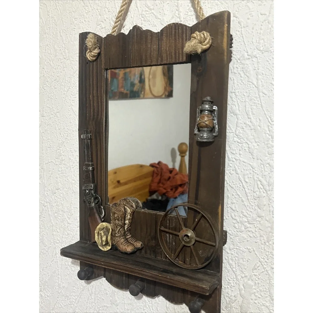 Rustic Mirror 3 Hook Rack Combo Western Themed Hanging Wall Home Decor